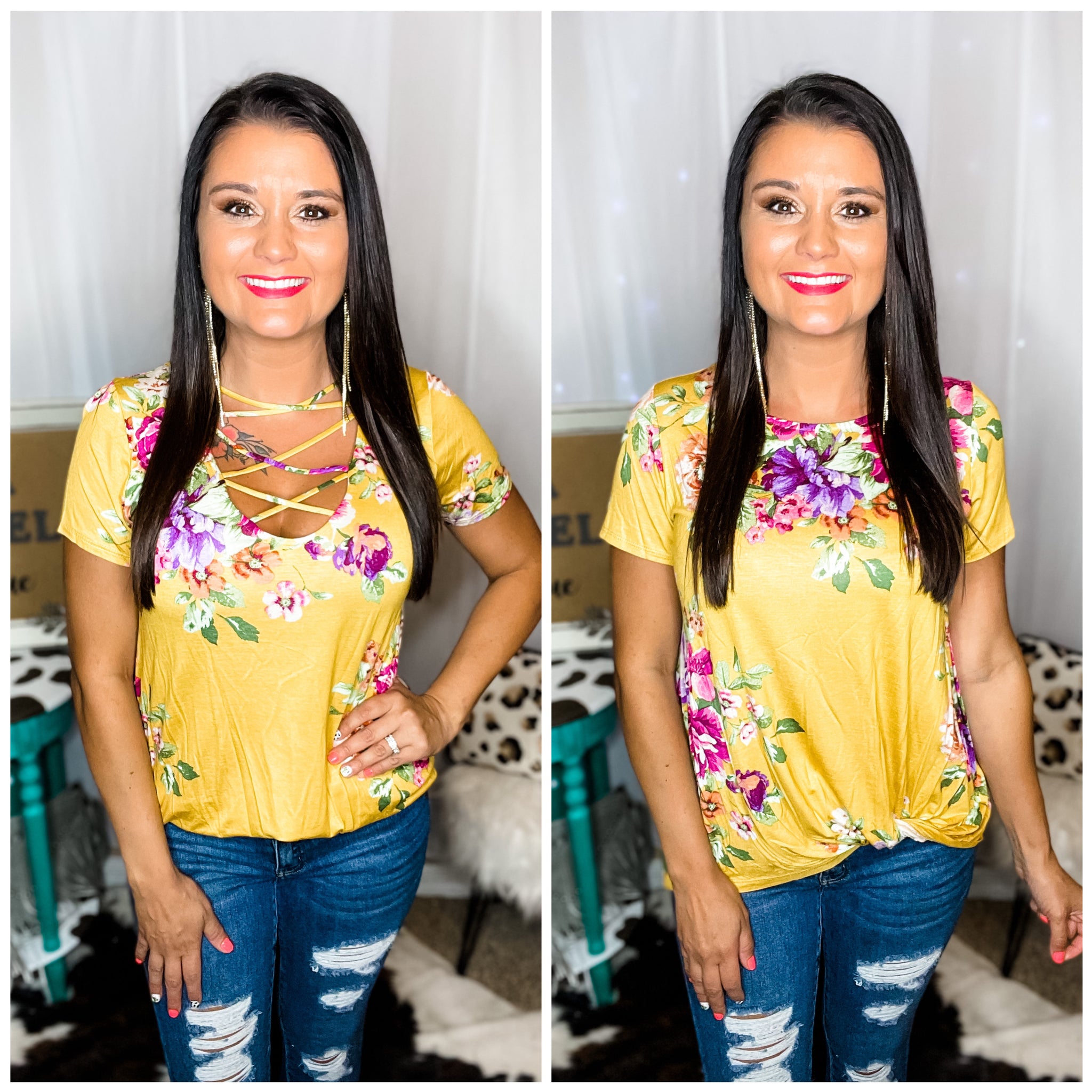 Yellow Floral Criss Cross Knot Top
